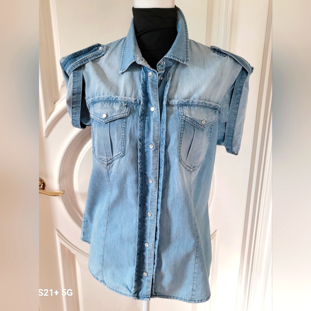 Denim Sleeveless Button-Up Shirt